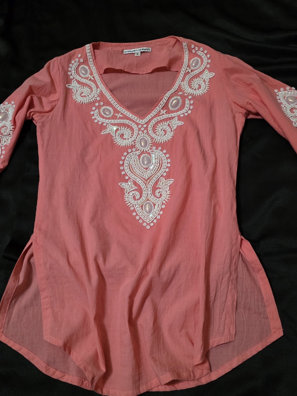 Embroidered V-Neck Tunic in Coral with White Beaded Details
